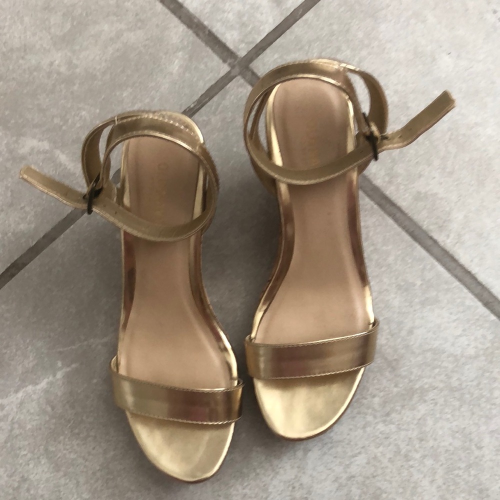 Gold Block Heel Strappy Shoes